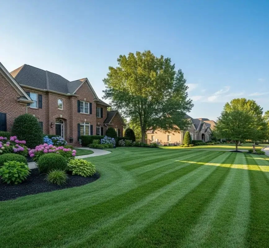 Estate lawn care project in Steuben County NY — perfectly manicured lawn with geometric striping patterns and vibrant green turf